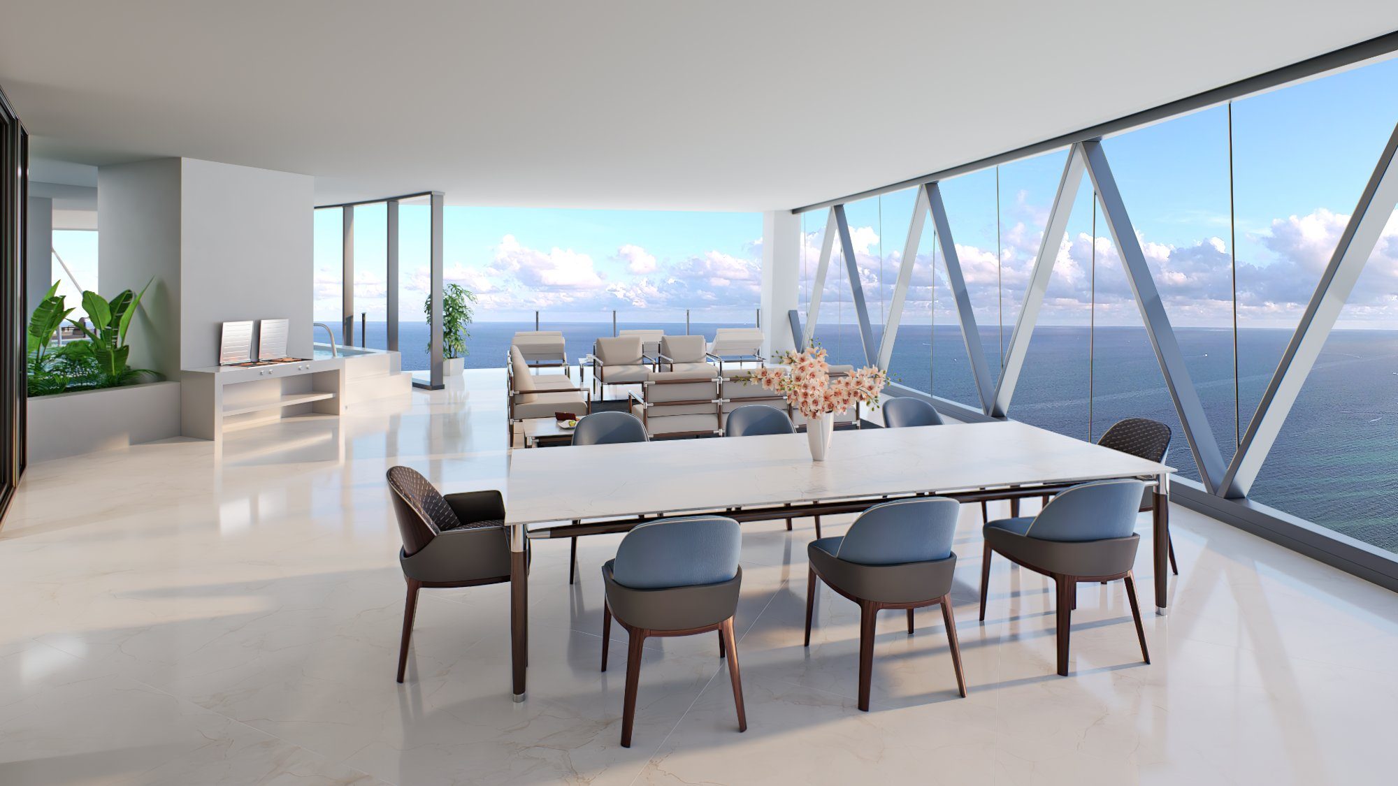 Terrace and pool off a residence at Bentley Residences Miami
