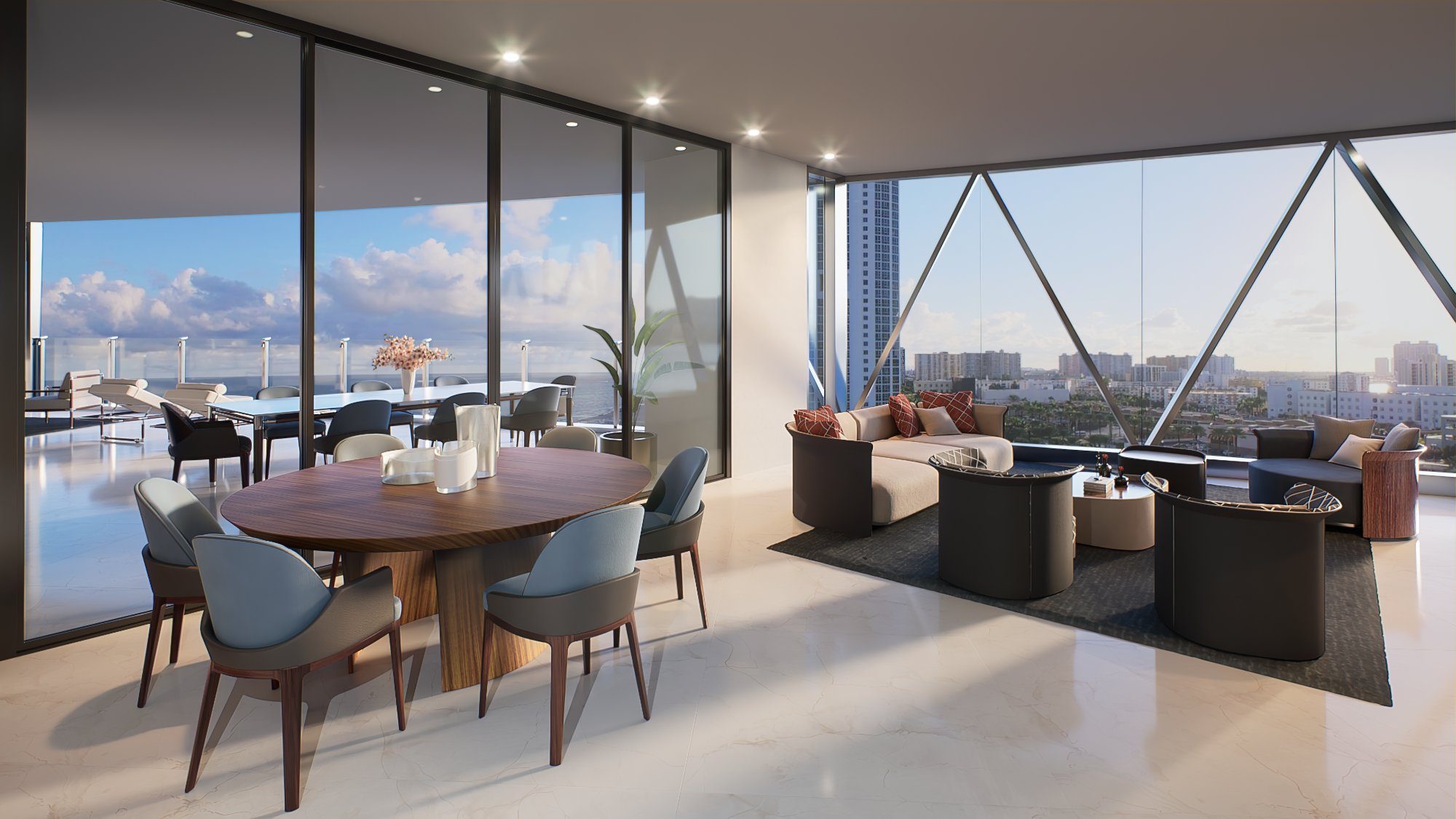Bentley Residences Miami, living room from the terrace side