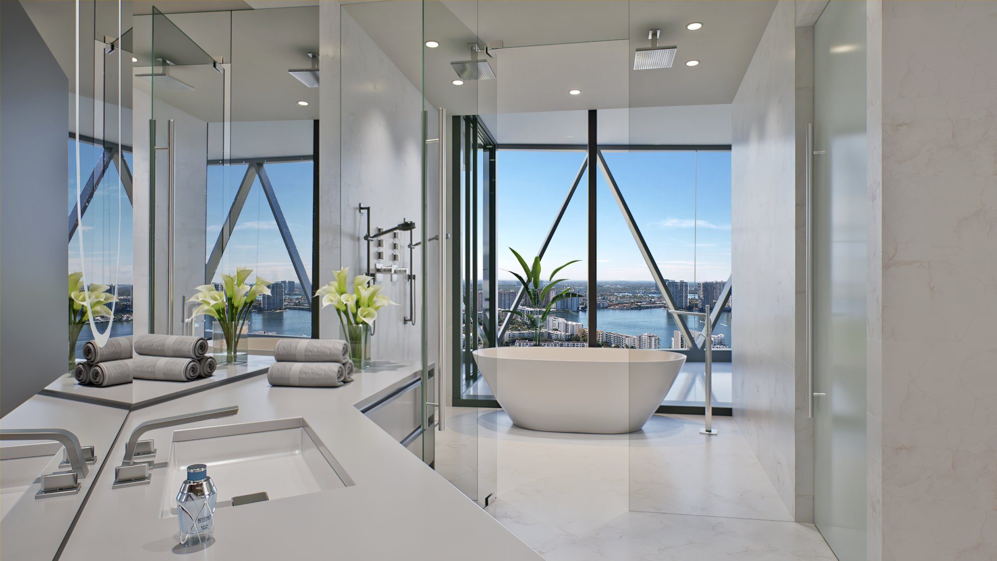 Bentley Residences Miami, primary bathroom with a freestanding tub