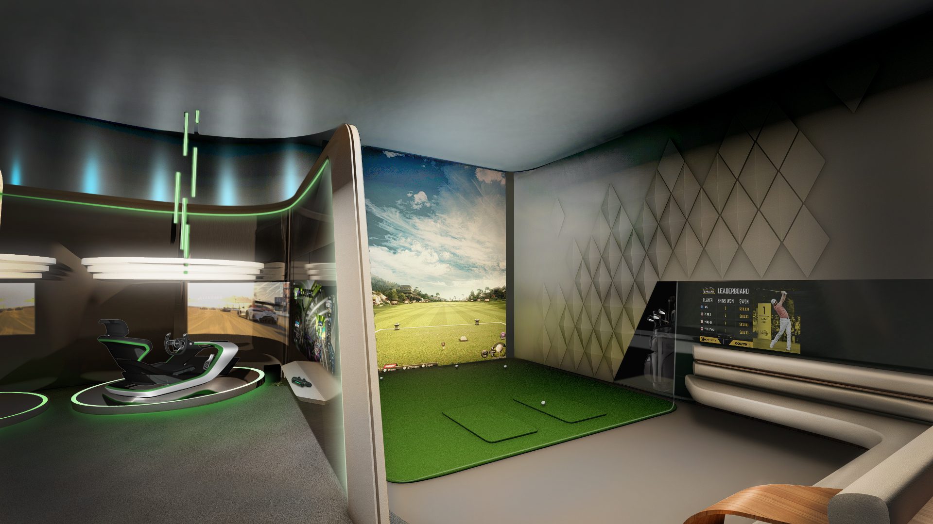 Game room with simulators at Bentley Residences Miami