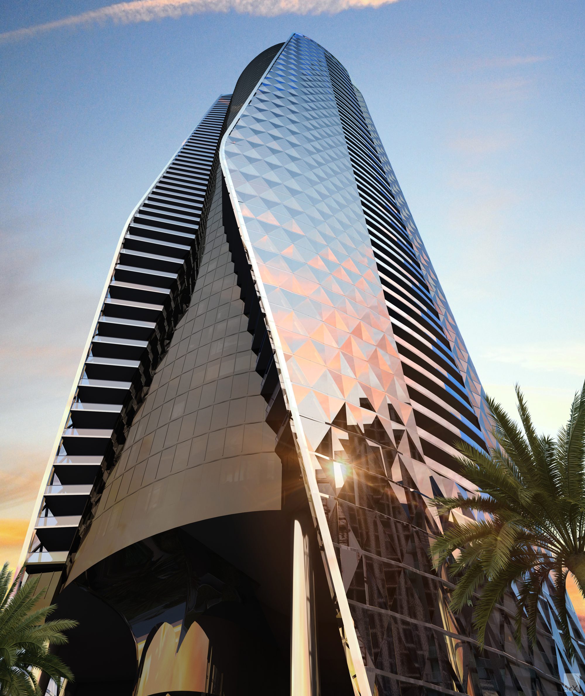 Bentley Residences Miami, looking up the facade from the base